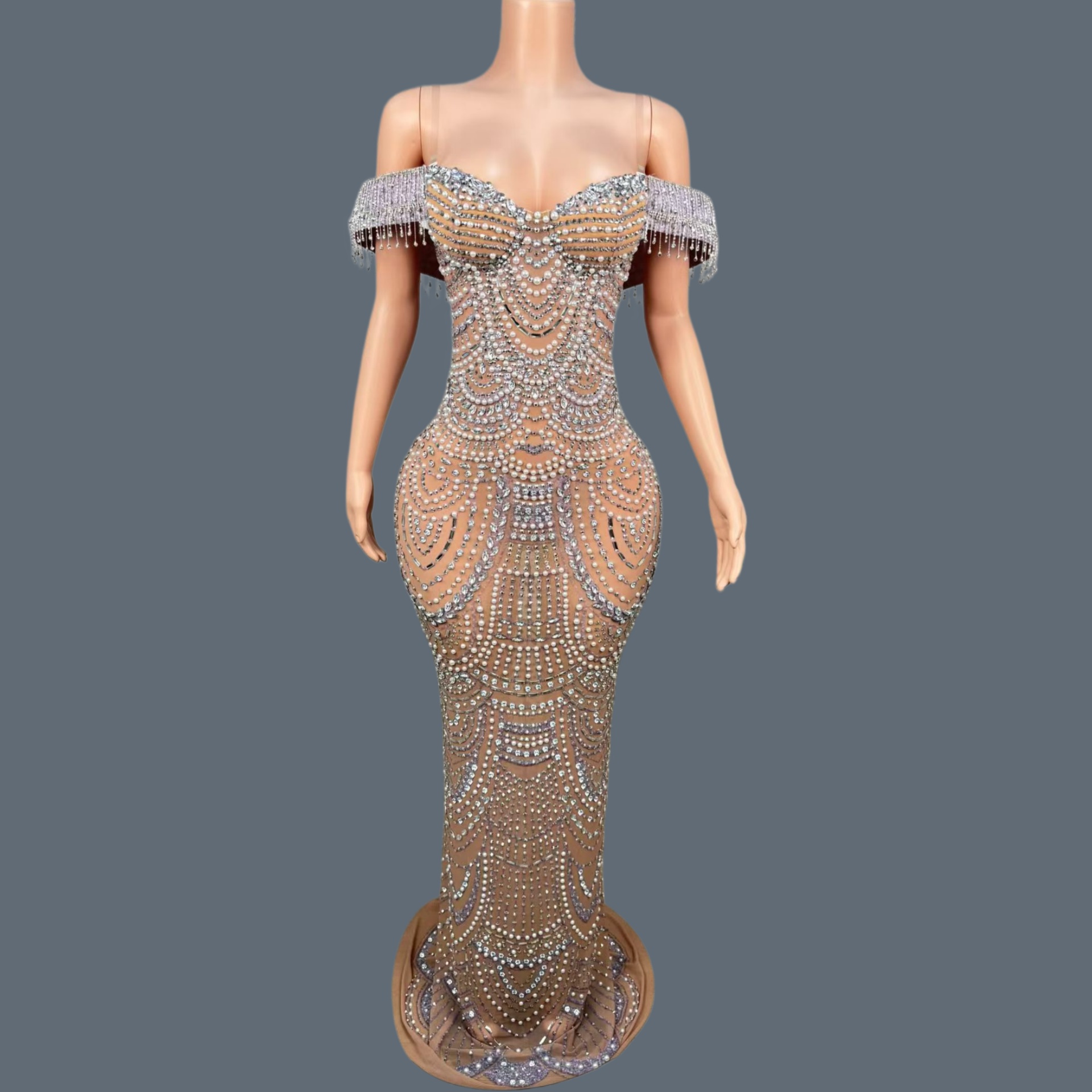 Women Formal Wear Photoshoot - ラグジュアリーでエレガントなフォーマルなストラップレスロングドレス、キラキラ輝くクリスタルとパールをあしらったイブニングガウン、誕生日祝いやパーティー、写真撮影用ウェア、ウーヤン