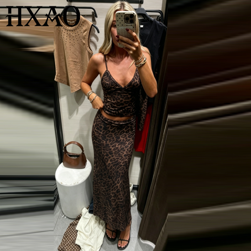 Women Formal Wear For Summer - HXAO レオパード柄チュールスカートセット レディース ツーピースセット クロップドスリップトップ エレガントなレディースセット