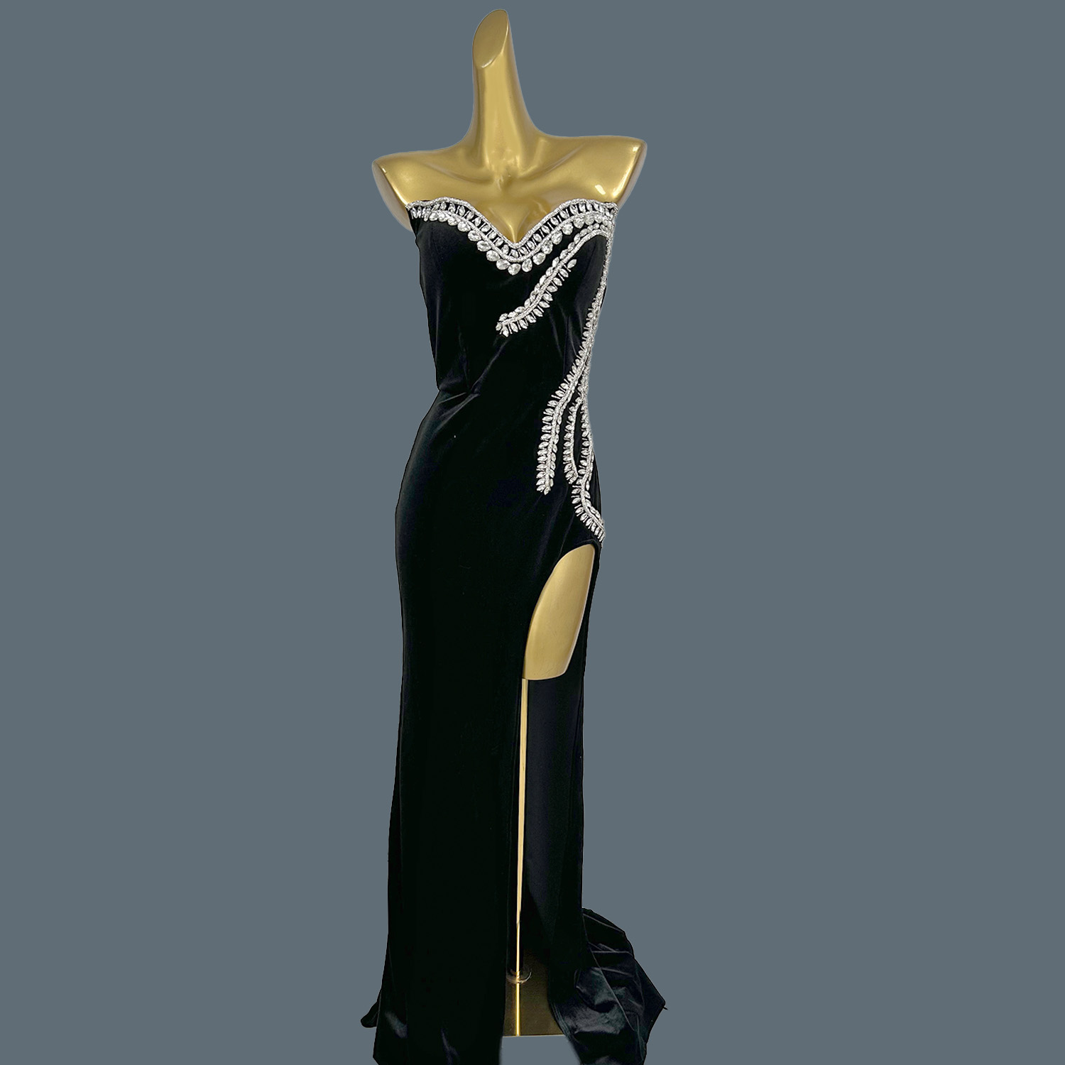 Women Formal Wear Photoshoot - ブラックベルベットフロアレングスドレスハイエンドイブニングドレスクリスタルロングナイトクラブドレス誕生日祝うパーティー写真撮影着用