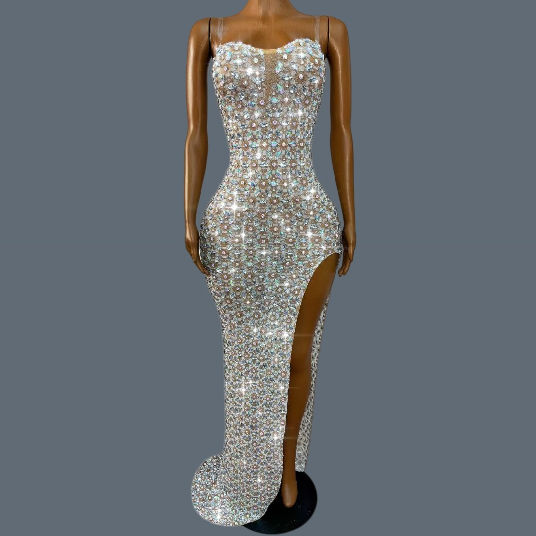 Women Formal Wear Photoshoot - フォーマルなストラップレスハイサイドスリットドレス、女性用スパークルABクリスタルボディコンロングドレス、プロムパーティーイベント写真撮影用ウェア、元気華