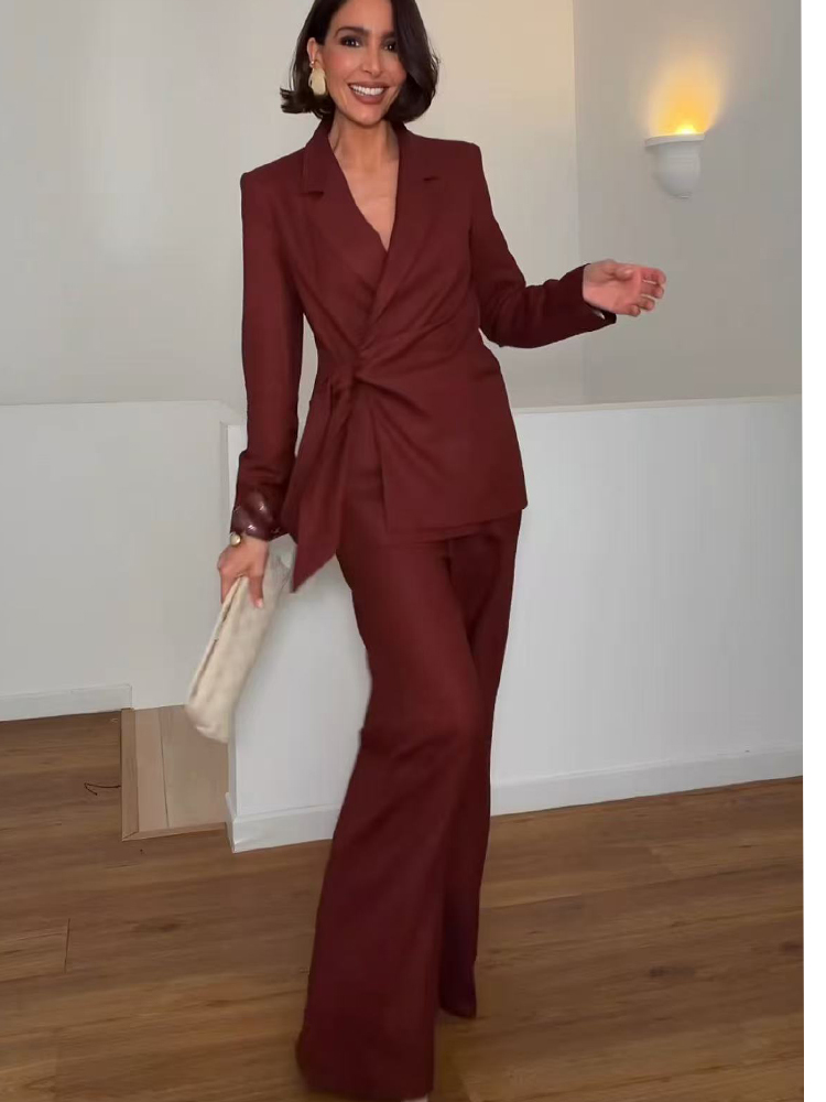 Women'S Office Formal Wear For Ladies - ファッションオフィスレディースブレザーパンツスーツエレガントフォーマルスリムレースアップジャケットストレートトラウザーレディ通勤着用2ピースセット