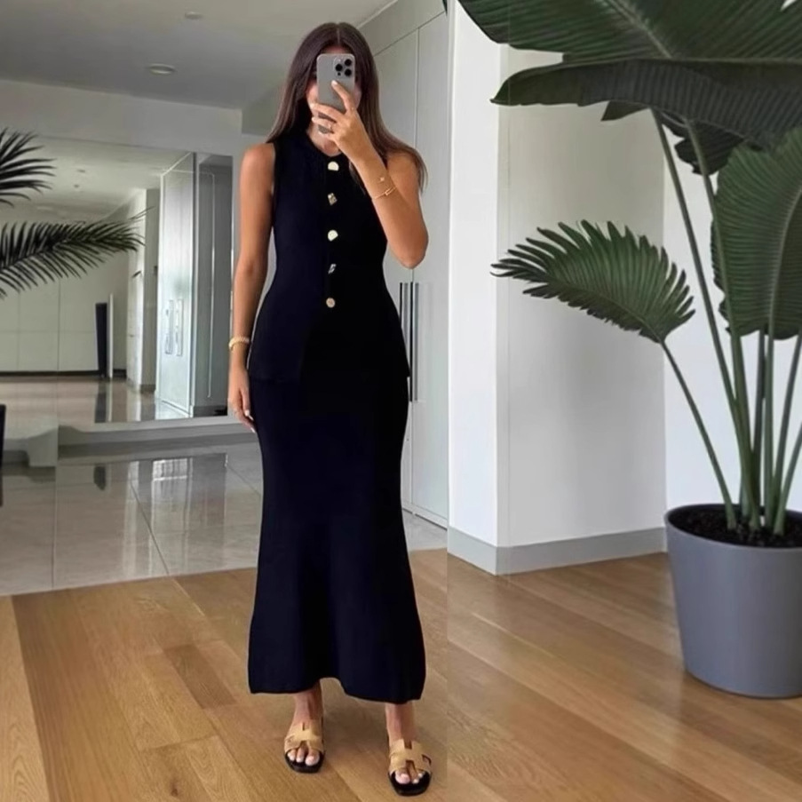 Women Formal Wear For Summer - ラウンドネックシングルブレストノースリーブボディコントップと体型にフィットするロングスカートの2ピースセットレディースウェア多用途フォーマル衣装