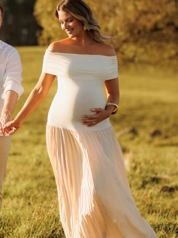 Women Formal Wear Photoshoot - マタニティフォトドレス オフショルダー プリーツ マキシガウン 妊娠フォト撮影衣装 エレガント
