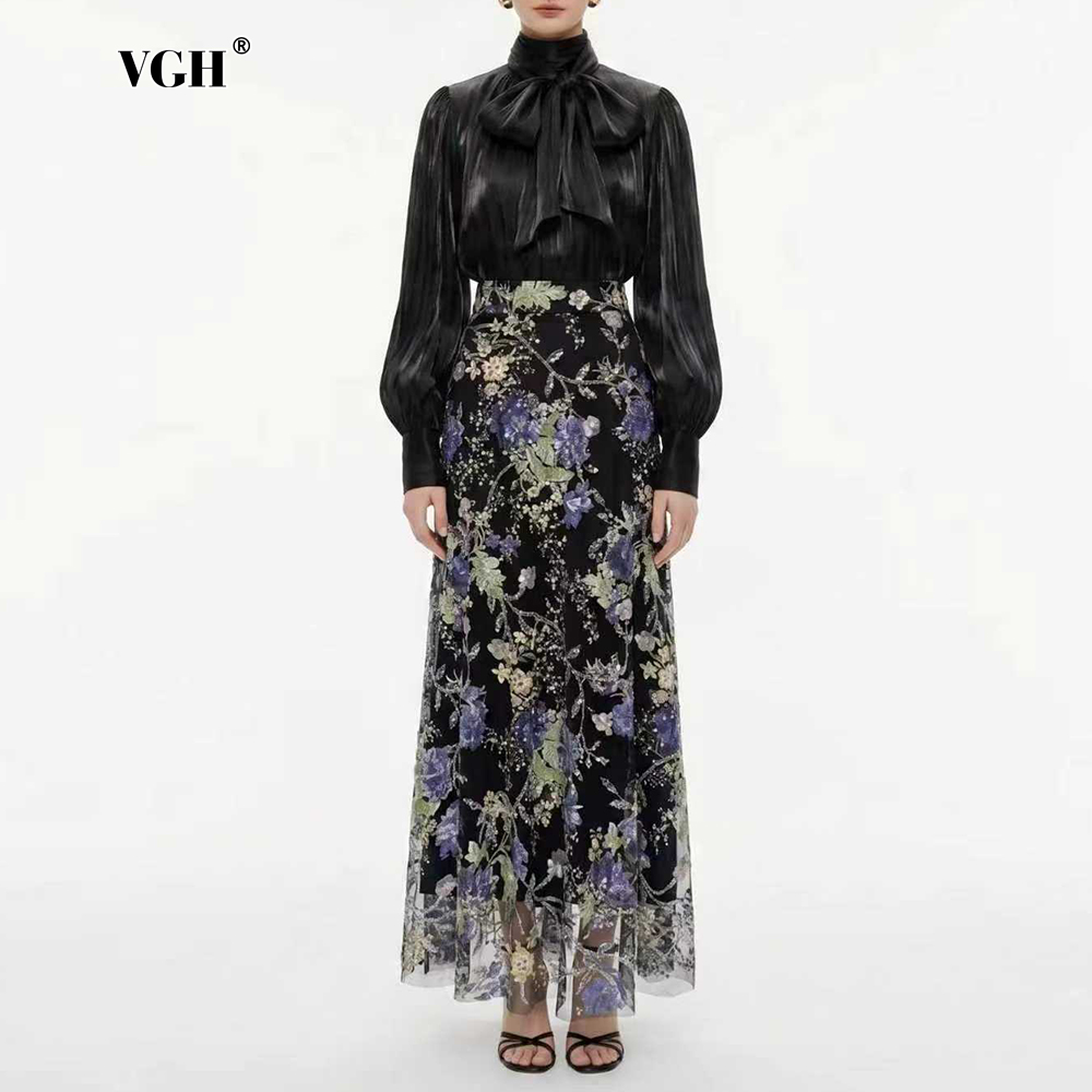 Women Formal Wear For Summer - VGH エレガントシック ブラックフローラル ツーピースセット レディース スカーフカラー