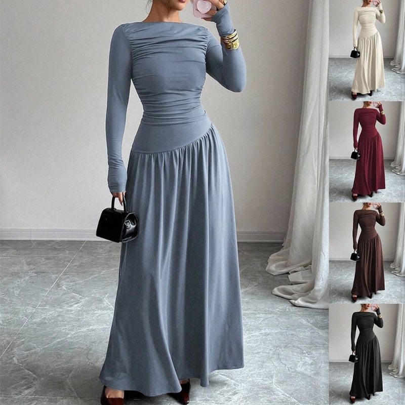 Women Formal Wear Winter - エレガントなレディースフォーマルドレス、控えめなボートネック、無地、長袖、シャーリング入り、流れるようなマキシドレス、普段使いや夜のパーティーに最適