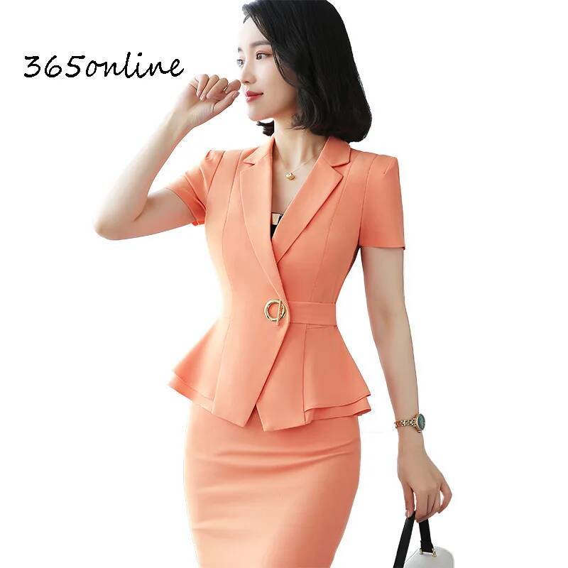 Women'S Office Formal Wear For Ladies - レディースオフィスワークウェア、プロフェッショナルなサマーブレザースーツ、トップスとスカート付きのツーピース、フォーマルな制服スタイルのブレザー・スーツ