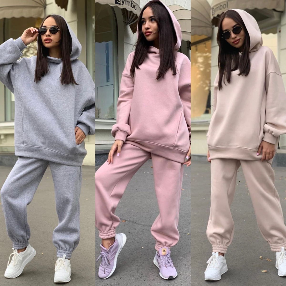 Monochrome Suit Set - モノクロフード付きパーカーセットカジュアルヨーロッパアメリカンファッション2ピース秋冬売れ筋新スタイル