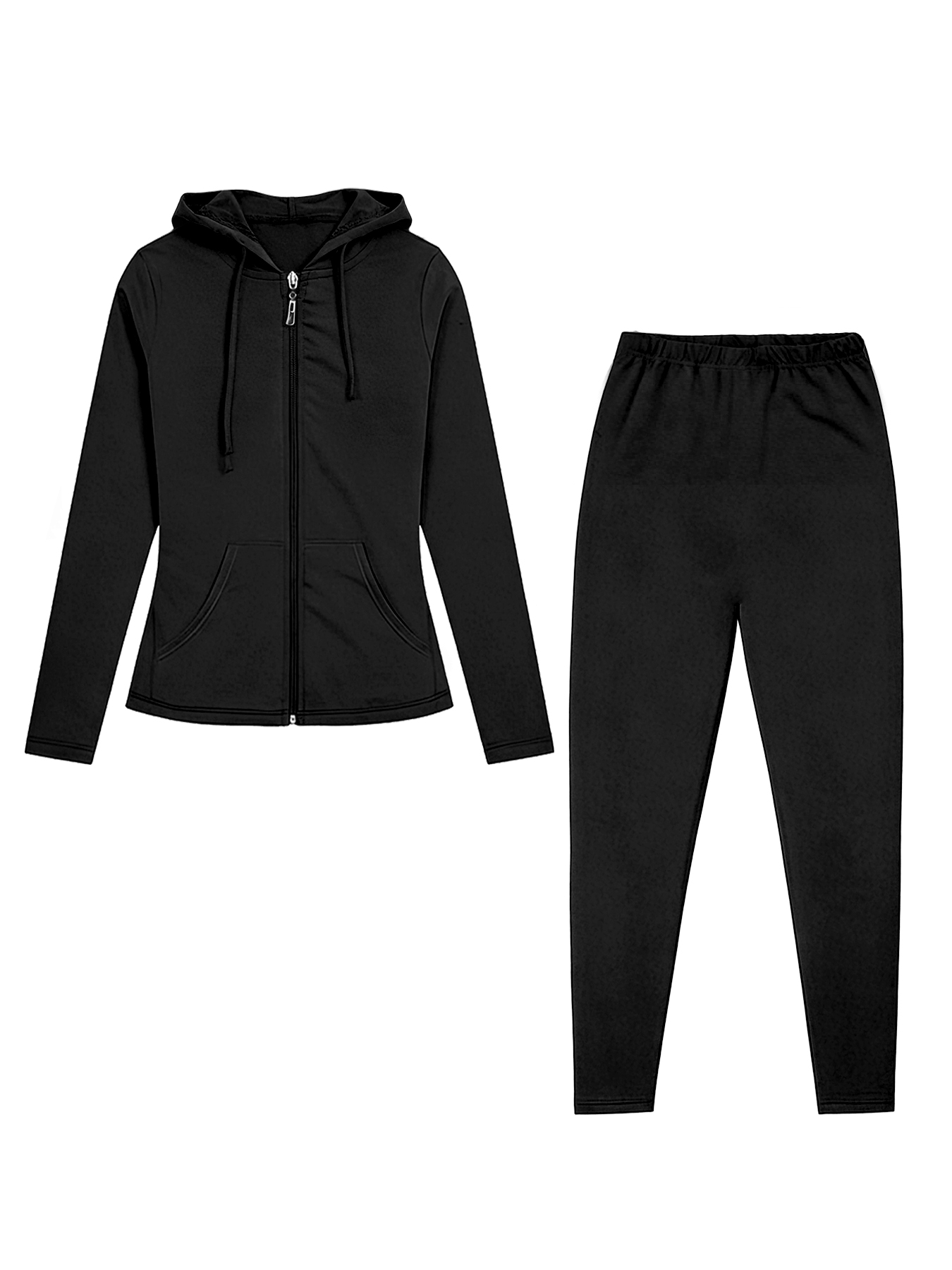 Monochrome Suit Set - モノクロームのプラスサイズ女性用ジップアップフード付きスポーツセット、快適なストレッチヨガウェア、長袖ジャケット＆レギンス、カジュアルファッションオールシーズンスーツ、マルチカラーオプション、フィットネス、デート、週末パーティーに最適