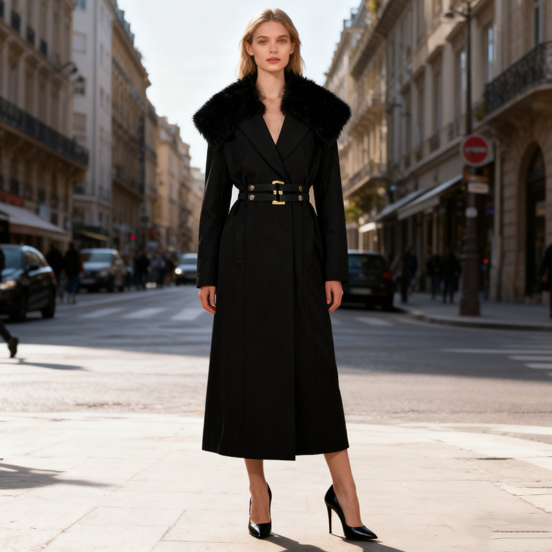 Women Formal Wear Belt - 毛皮の女性のコート ウインドブレーカー ベルト付き 暖かい冬 フルスリーブ ロングジャケット