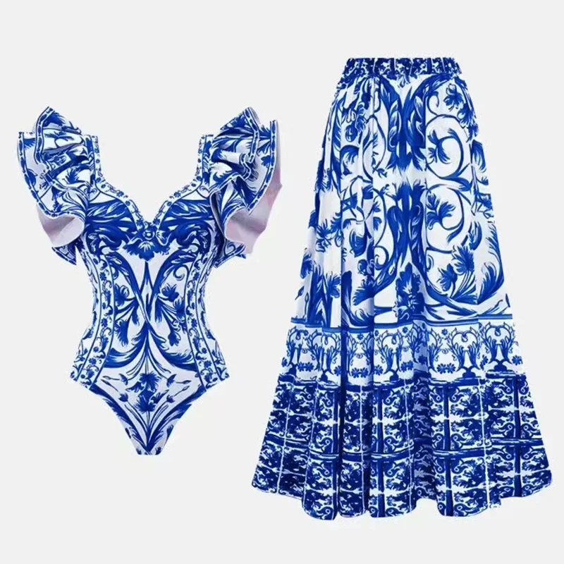 女性用ワンピースプリント水着,フリル水着,モノクロビーチドレ - Monochrome Suit Set のレビューと価格