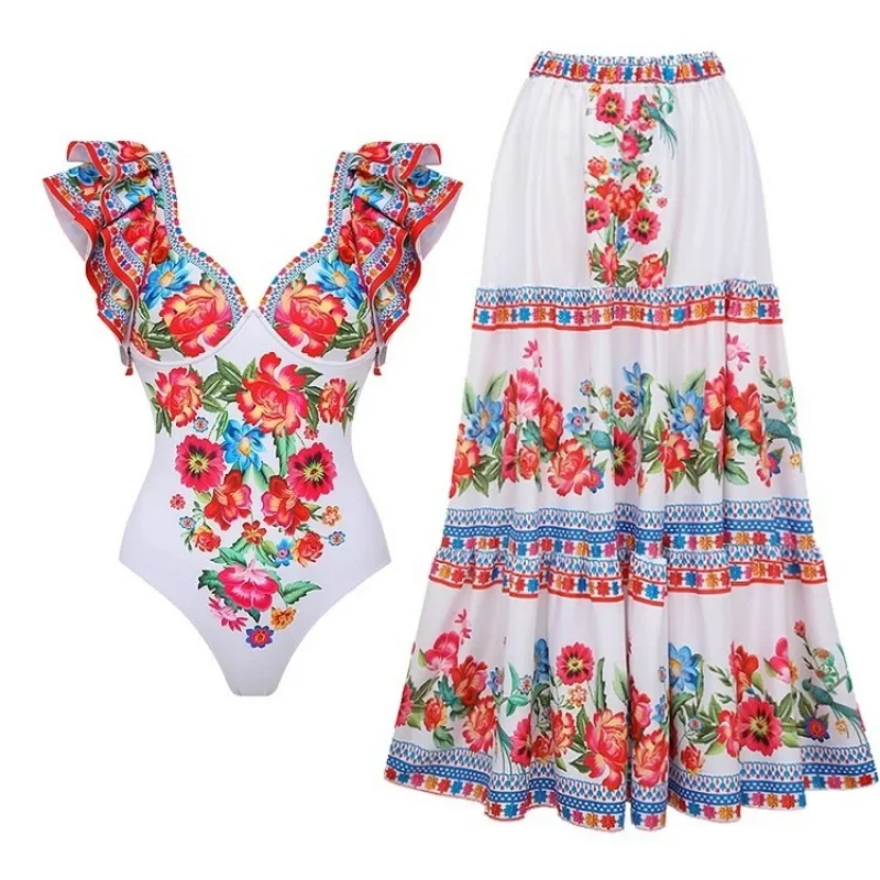 女性用ワンピースプリント水着,フリル水着,モノクロビーチドレ - Monochrome Suit Set のレビューと価格