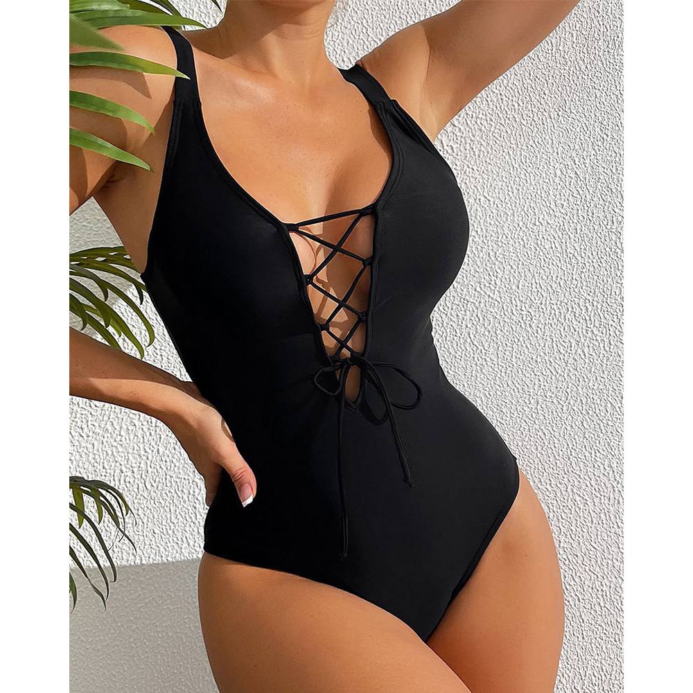 Cikini-女性のためのワンピース水着、レースアップフロン - Monochrome Suit Set のレビューと価格