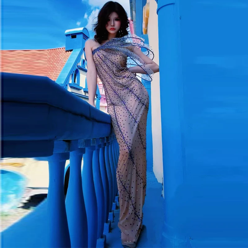 豪華なラインストーンロングドレス女性のためのセクシーなメッシ - Women Formal Wear Photoshoot のレビューと価格