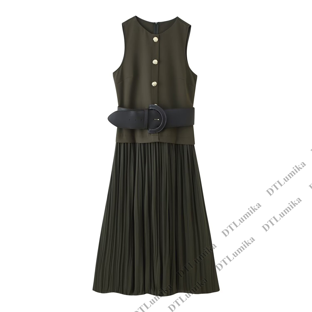 レディース オリーブグリーン ノースリーブ プリーツ ミディ - Women Formal Wear Belt のレビューと価格