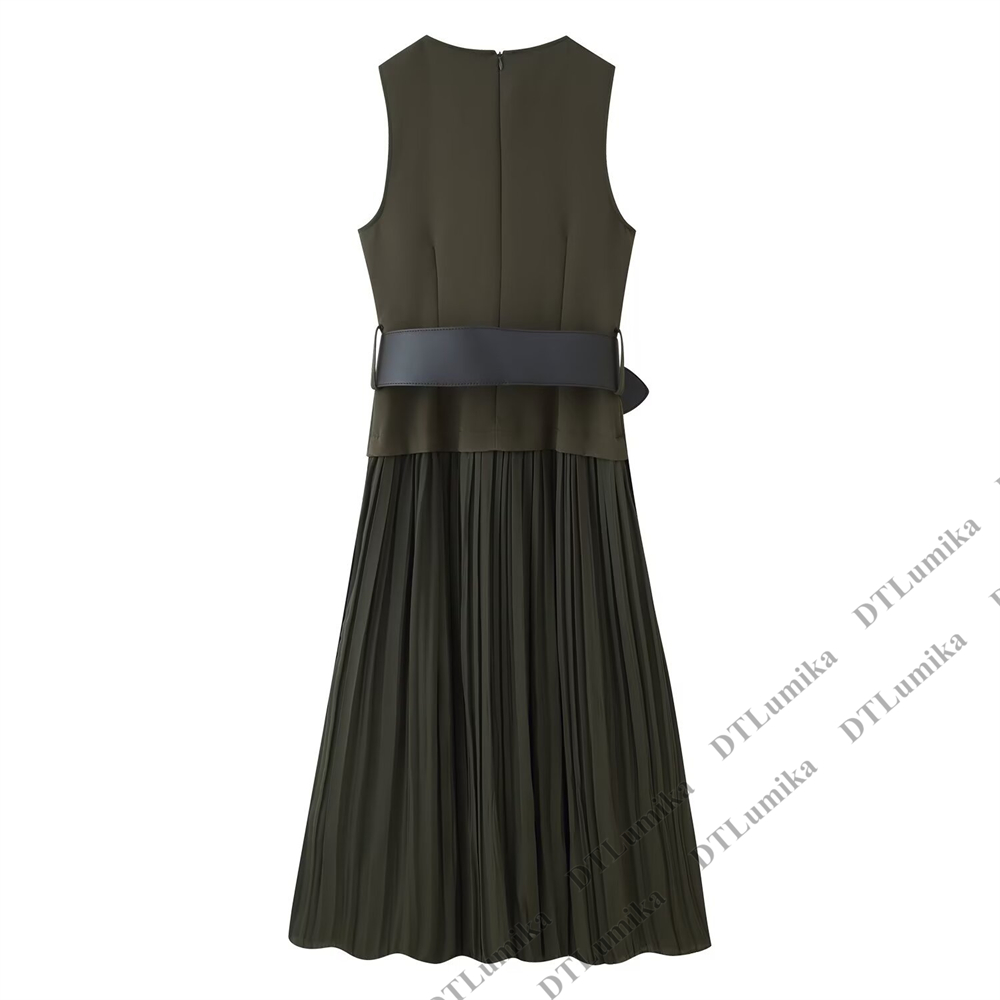 レディース オリーブグリーン ノースリーブ プリーツ ミディ - Women Formal Wear Belt のレビューと価格