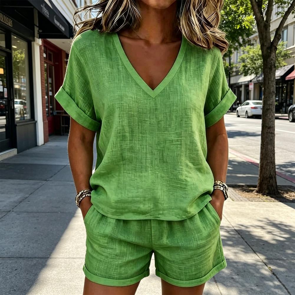 レディースTシャツ＆ショートパンツセット Vネック半袖トップ - Women Formal Wear For Summer のレビューと価格