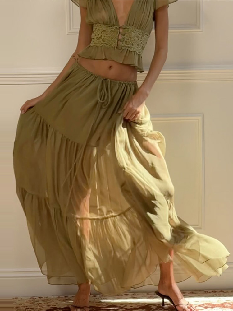 エレガントなレースパッチワークのレディースシャツスカートスー - Women Formal Wear For Summer のレビューと価格