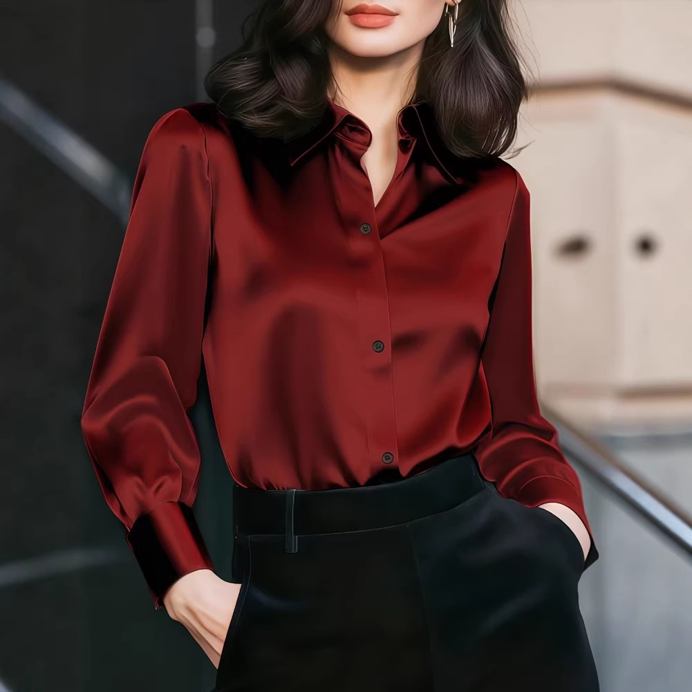 レディースサテンラペルカラーブラウス、ボタンフロント、長袖、 - Women'S Office Formal Wear For Ladies のレビューと価格