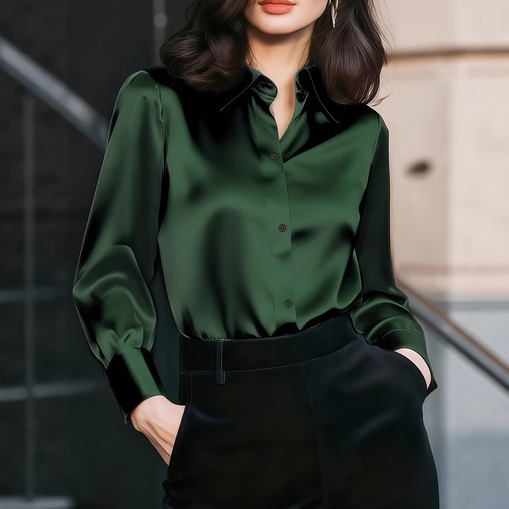 レディースサテンラペルカラーブラウス、ボタンフロント、長袖、 - Women'S Office Formal Wear For Ladies のレビューと価格
